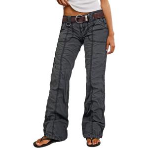 Flamingals Straight Leg Pants for Women Mid Rise Casual Cargo Solid Patch Pockets Stitch Detail Pants (L)