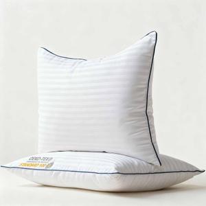 Thin Flat Bed Pillows Queen Size Set of 2 Pack for Sleeping, Squishy Fluffy Pillow for Stomach Back Sleeper, Hypoallergenic Machine Washable White Striped 20x30 inches