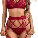 Avidlove Lingerie For Women Floral Lace Garter Lingerie Set Underwire Bra Panty Set With 1pair Leg Ring (Small, Wine Red)