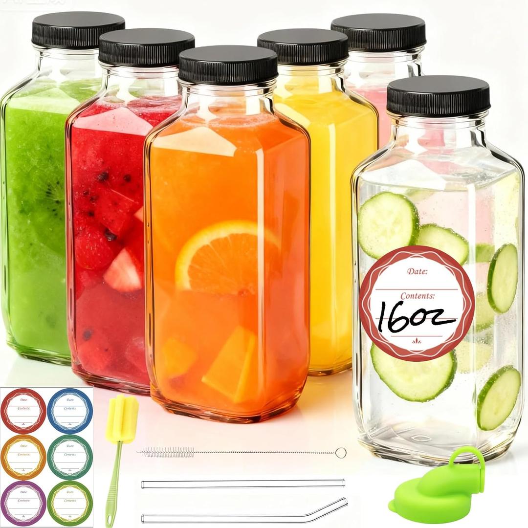 6Pack 16oz Glass Juice Bottles with Lids, Reusable Leakproof Drink Containers with Pour Spout, Glass Straws & Cleaning Brush for Juices, Smoothies, Milk and Beverages
