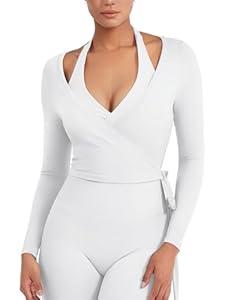 YEOREO Women Pilates Wrap Top Long Sleeve Tie Ballet Workout Yoga Shirt Michelie Y2K V Neck Cropped Tops , Large White