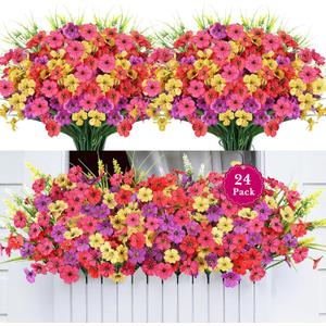 24 Bundles Realistic Fake Flowers for Outdoors, No Fade Faux Silk Flowers & Artificial Plants Lavender, for Garden Patio Porch Decor, Window Box, Hanging Basket, Planter, Grave Decorations