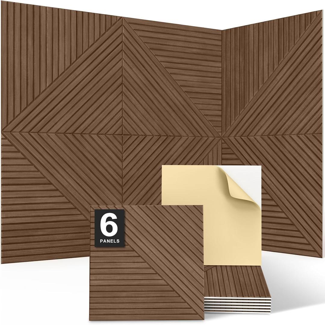 JBER Acoustical Wall Panels - 6 PCS 23.6 X 23.6 Inches Wood-Pattern Printing Sound Absorbing Panels, Large Self-Adhesive Decorative Soundproof Wall Panels for Studio,Home & Living Room(Teak), 72"48"