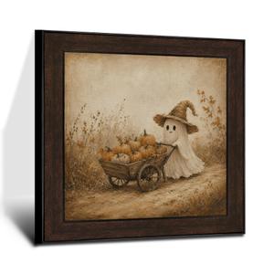 Puyfsdhg Rustic Fall Halloween Ghost Pumpkin Wall Art Framed Autumn Farmhouse Spooky Ghost Pumpkin Canvas Prints Artwork, Halloween Country Oil Paintings Wall Decor for Home Bedroom Room 20x20 Inch