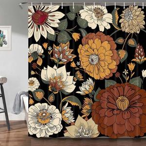 Torich Boho Floral Botanical Shower Curtain, Mid Century Morden Abstract Bohemian Flowers Tropical Leaves Bathroom Curtain, Waterproof Fabric Bathroom Accessories with Hooks 72X84