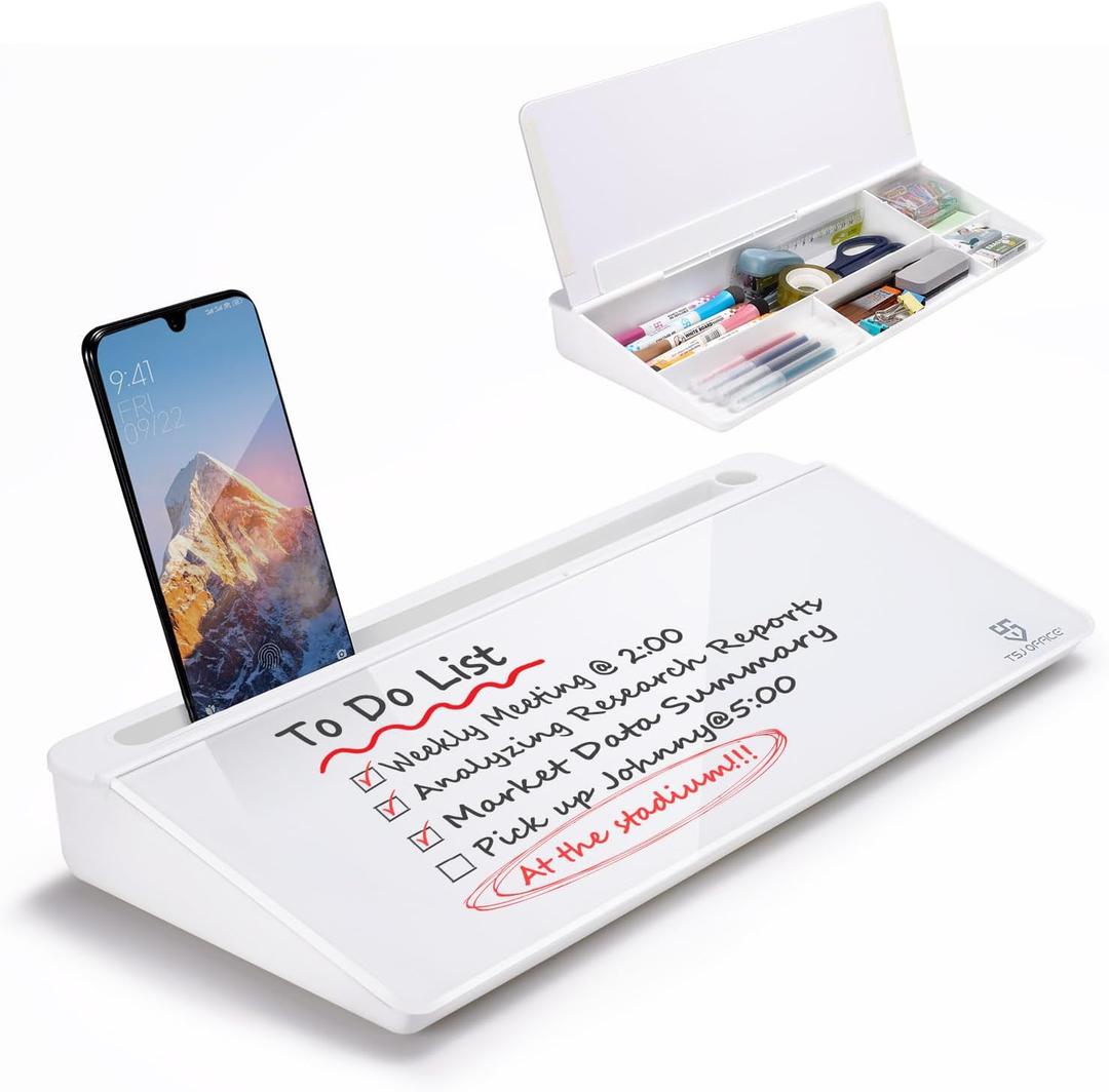 TSJ OFFICE Small Desktop Whiteboard -Glass Dry Erase Board Computer Keyboard Stand White Board Surface Pad with Drawer, Desk Organizers with Accessories for Office, Home, School Supplies - White