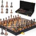 Luxury Metal Chess Set with 15 Inch Wooden Chess Board | Weighted Metal Chess Pieces | 2 Extra Queens | Professional & Tournament Style Chess Set for Adults | Elegant Game Room & Office Decor