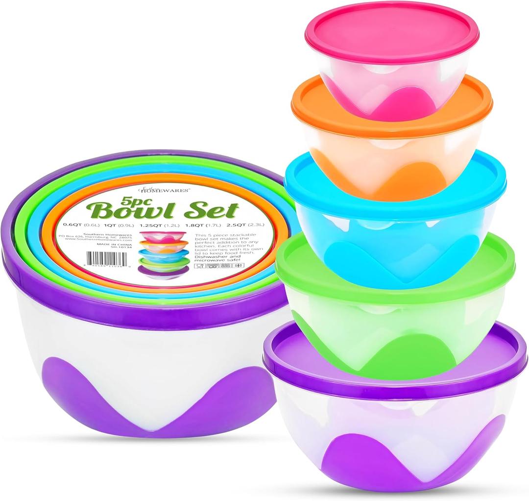 Southern Homewares 5-Piece Plastic Food Storage Containers with Lids  Airtight, BPA-Free, Stackable Silicone Containers in Multiple Sizes and Colors, Easy to Clean