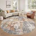 8ft Round Area Rug Living Room Rugs - 8x8 Washable Large Soft Indoor Neutral Modern Abstract Low Pile Rug Carpet for Bedroom Dining Room Farmhouse Home Office - Grey Brown