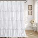 White Ruffle Shower Curtain with Handmade Bow Tie, Linen Vintage Farmhouse Shower Curtain for Bathroom, 72" W x 72" H