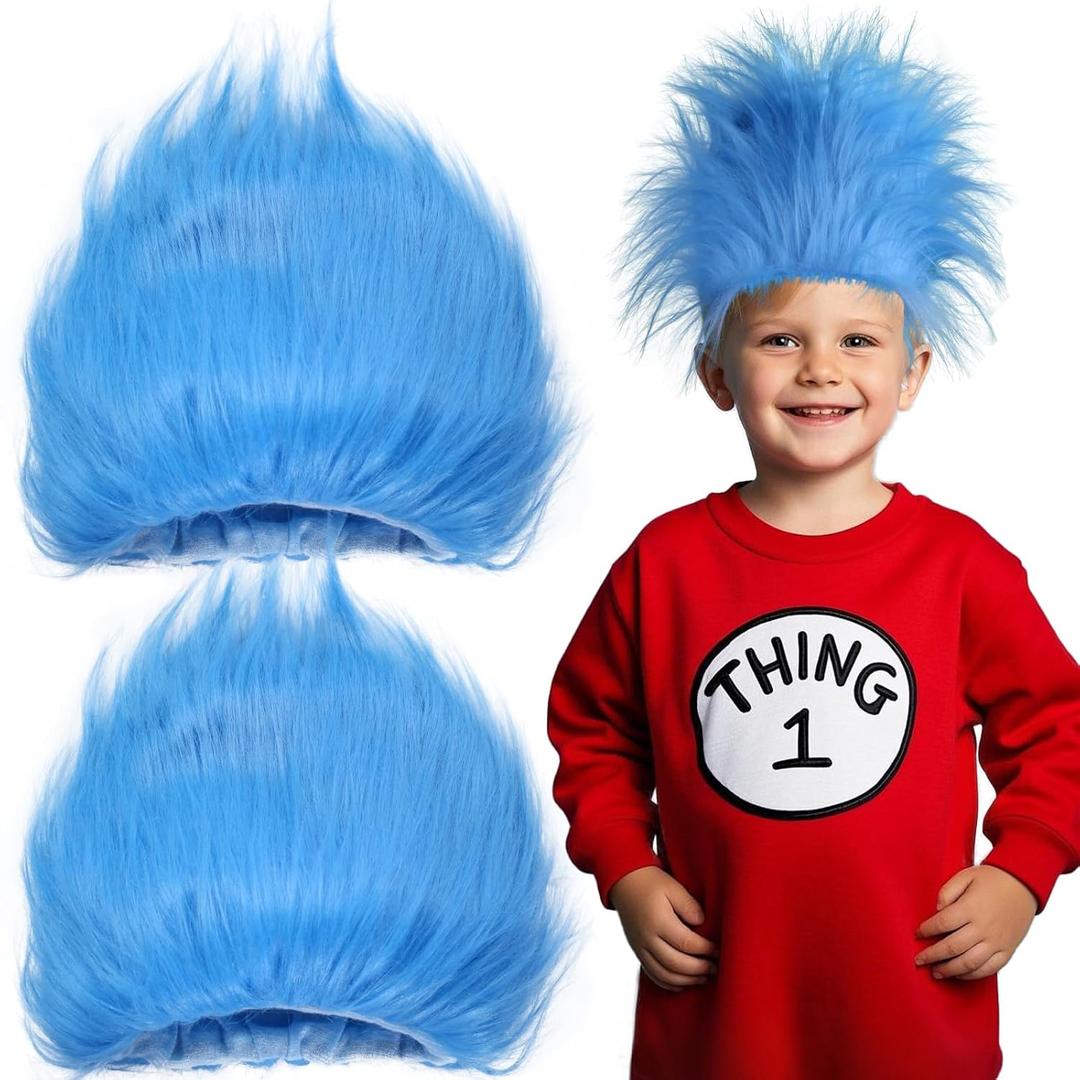2 Pack Blue Fluffy Costume Wig - Funky Crazy Hair Hat Thing Costume Wig for Reading Week, Halloween, and Theme Parties