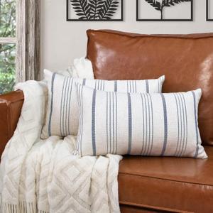 AELS 12"x20" Decorative Farmhouse Throw Lumbar Pillow Covers, Modern Rectangle Case, Set of 2 Navy Blue Stripes Textured Linen Cushion for Sofa Couch Bedroom Living Room