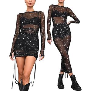 Womens Mesh Dress Ruched Glitter Long Sleeve Bodycon Sexy See Through Clubwear Rave Outfits Small