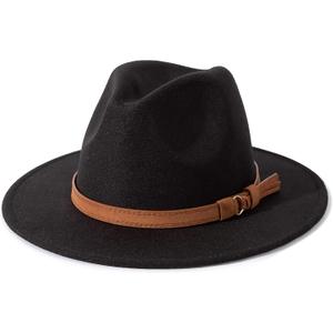 Lisianthus Men & Women Vintage Wide Brim Fedora Hat with Belt Buckle (Medium, Black)