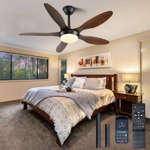 46 inch Brown Modern Ceiling Fans with Lights Remote/APP Control, Low Profile Reversible 6 Speeds Ceiling fan Light for Indoor/Outdoor Patio Bedroom Living Room