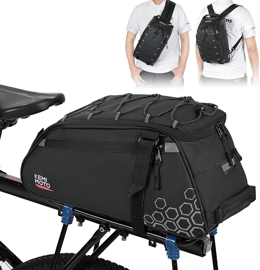 KEMIMOTO Rear Bike Rack Bag, 11L Water-resistant Trunk Bag 3-IN-1, Zippered Bicycle Backpack Shoulder Pannier Saddle Bag for Ebikes Cycling Commuting Travel Outdoor Camping