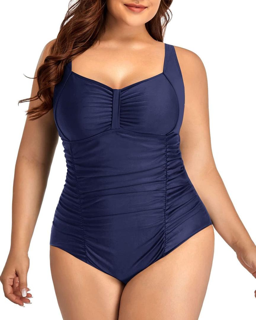 Daci Women Plus Size One Piece Swimsuits - Tummy Control Retro Ruched Bathing Suits Vintage Swimwear (Navy Blue) 
 18 Plus Daci Women Plus Size One Piece Swimsuits - Tummy Control Retro Ruched Bathing Suits Vintage Swimwear (Navy Blue) 
 18 Plus