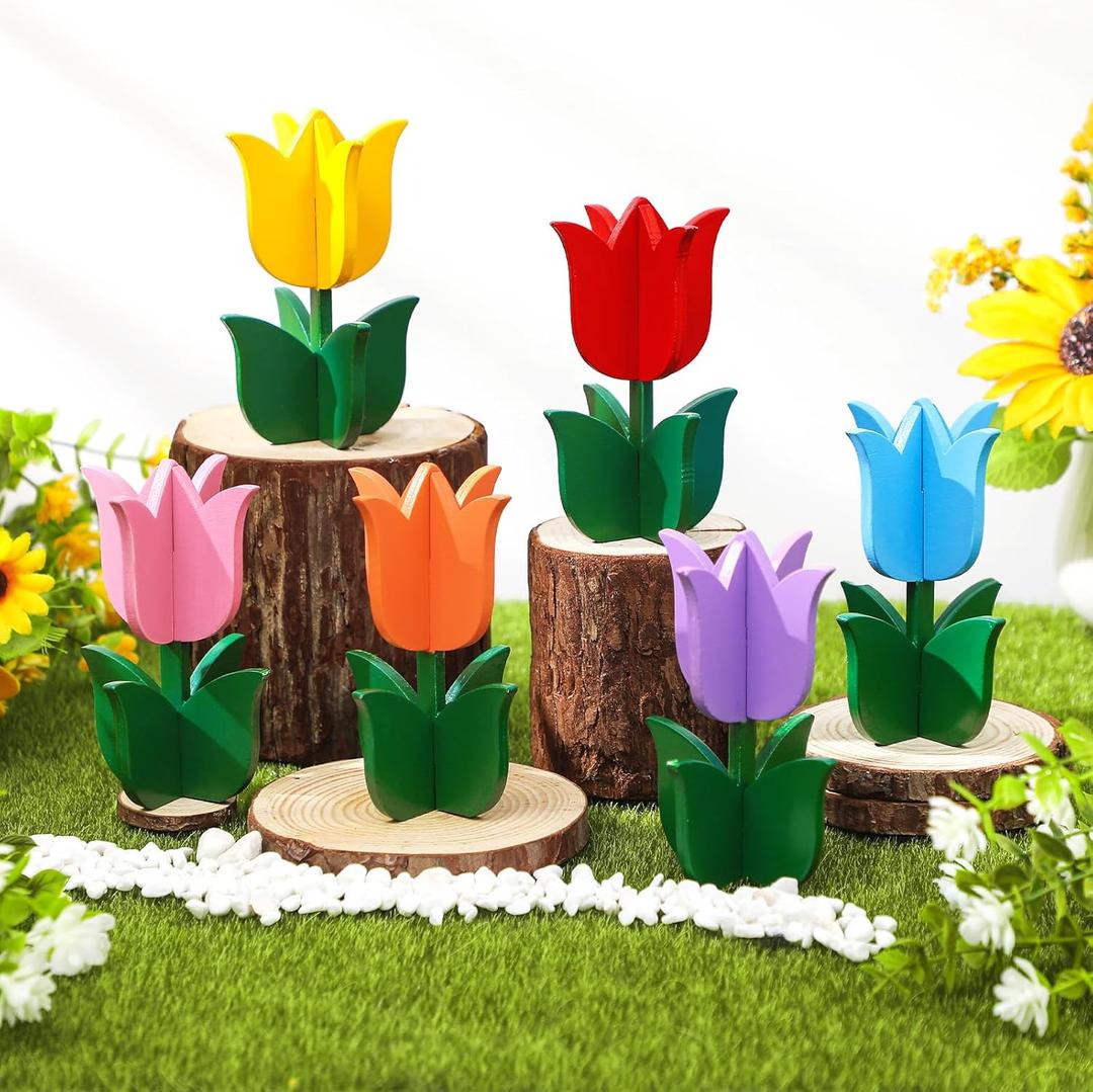 Yuntau 6pcs Spring Tulips Wood Signs Rustic Farmhouse Tulip Flowers Table Decoration Retro Tulip Table Centerpiece Tiered Tray Decor Multicolor Tulips Floral Block Tabletop Signs Home Decor(Vibrant)