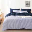 Wake In Cloud - Striped Comforter Set, Ticking Stripe Vertical Pinstripe Neutral Farmhouse Pattern Printed, Soft Lightweight Bedding, 3 Pieces, Navy Blue, Full Size