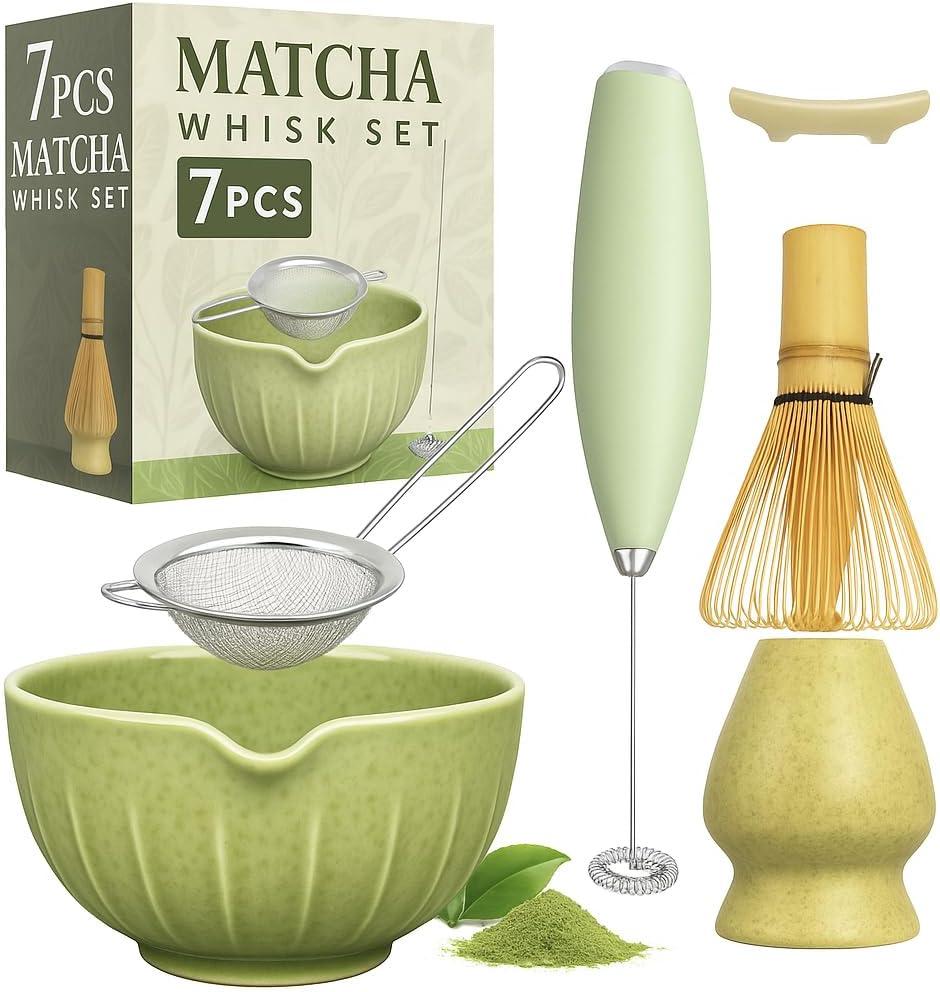 Matcha Whisk Set - Matcha Set Included Electric Matcha Whisk, Matcha Bowl with Spout, Bamboo Matcha Whisk, Matcha Whisk Holder, Matcha Sifter, Ceremony Gift Box (Spoon Not Included)
