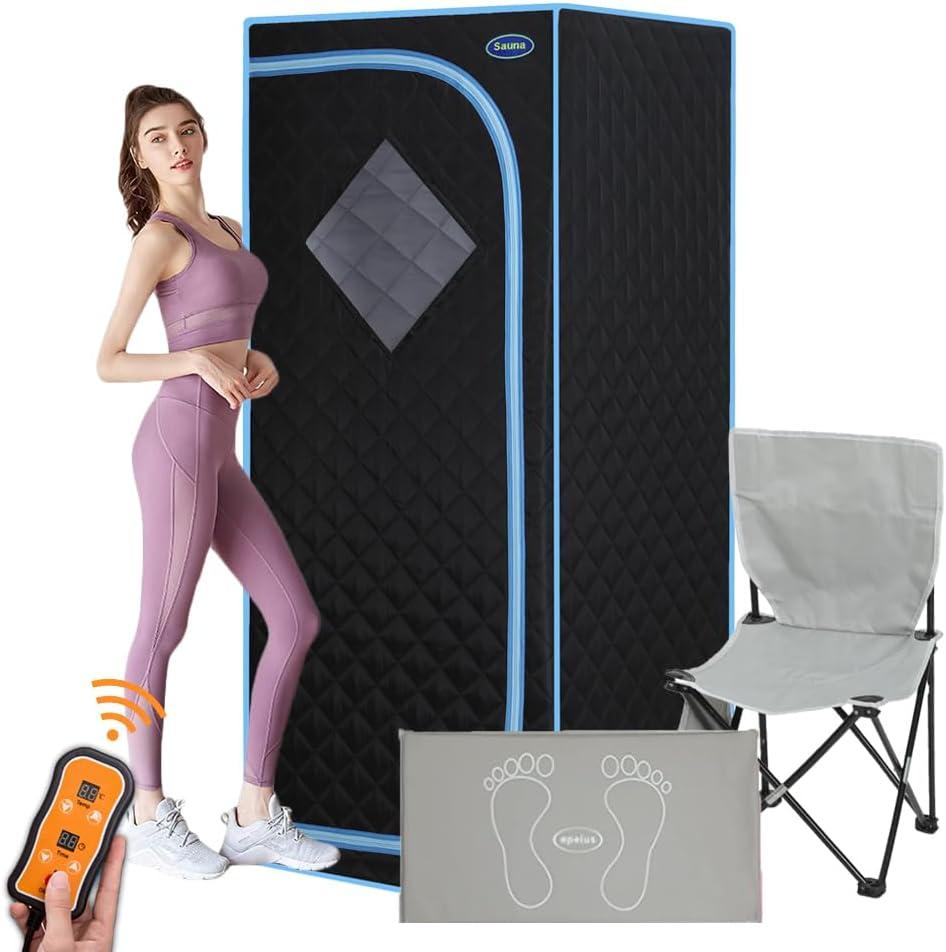 Portable Infrared Sauna for Home Full Size Personal Sauna Tent for Indoor Spa Lightweight Sauna Box with Foldable Sauna Chair, Heated Foot Pad, Remote Control 29.1"x29.1"x66.5" (Black) (Black and Blue)
