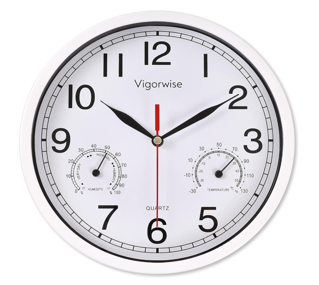 8 Inch White Wall Clock, Sweep Silent Movement Accurate Clocks with Temperature & Humidity, Decorative for Kitchen/Living Room/Bedroom/Office/School/Classroom