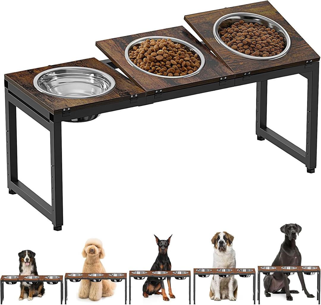 Elevated Dog Bowls Stand for Large Dogs - 3 Bowl Dog Feeder with Adjustable Height & Tilt, Stainless Steel Bowls & Wood Tray for Large Breeds, Triple Bowl Feeding Station, 3500ML*3 Capacity