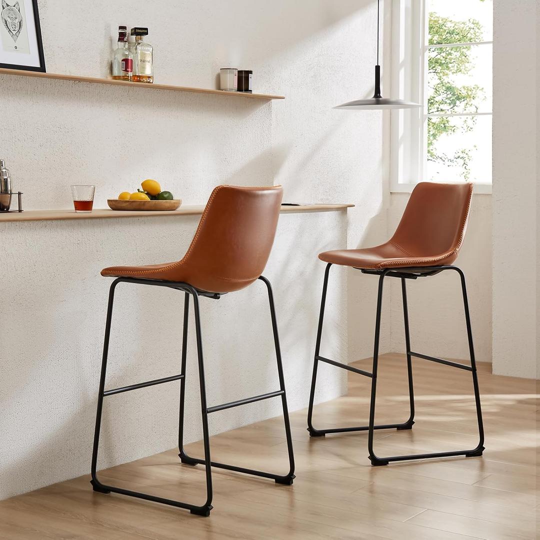 Sweetcrispy Counter Height Bar Stools Set of 2, 26 inch Leather Barstools Modern Bar Stools with Back, Counter Stool Armless Bar Chairs with Metal Legs, Footrest, Brown (2 Pcs 26" Counter Height Bar Stools)