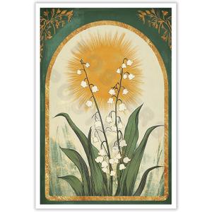 ZETCGSH Vintage Lily Of The Valley Emerald Green Sun Art Poster Mystical Folk Art Taurus Sign Flowery Spiritual Print Farmhouse Room Decor Aesthetics Botanical Boho Wall Art 12X16 In Unframed