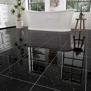 10-Pack 10 Sq.Ft Peel and Stick Floor Tiles Vinyl Glossy Pattern Flooring, 12 x 12 Self Adhesive Vinyl Flooring DIY for Kitchen, Bathroom, Laundry, Polish Black Galaxy Marble