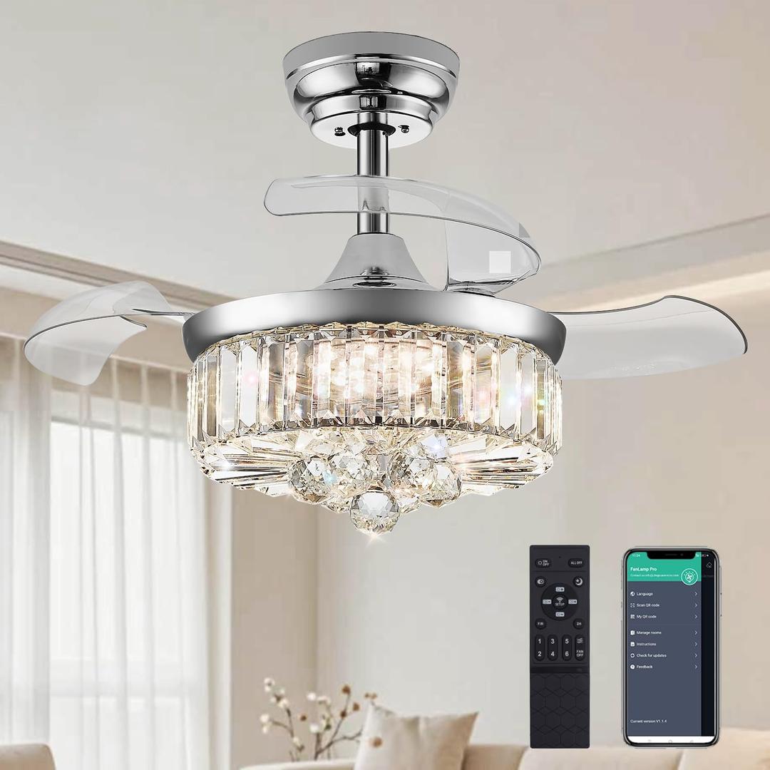 DuMaiWay 30" Chandelier Ceiling Fan with Light Crystal Modern Fandelier Reversible Ceiling Fan Dimmable Retractable Timer for Bedroom Dining Living Room Silver Chrome