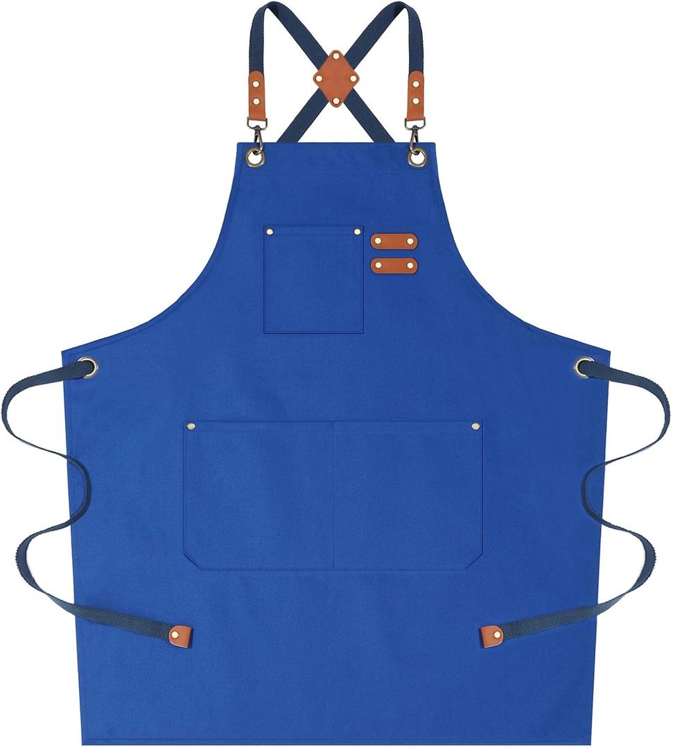 AFUN Chef Aprons for Women Men with Oversized Pockets, 12-Ounce Cotton Canvas Cross Back Water Repellent Apron (Royal Blue)
