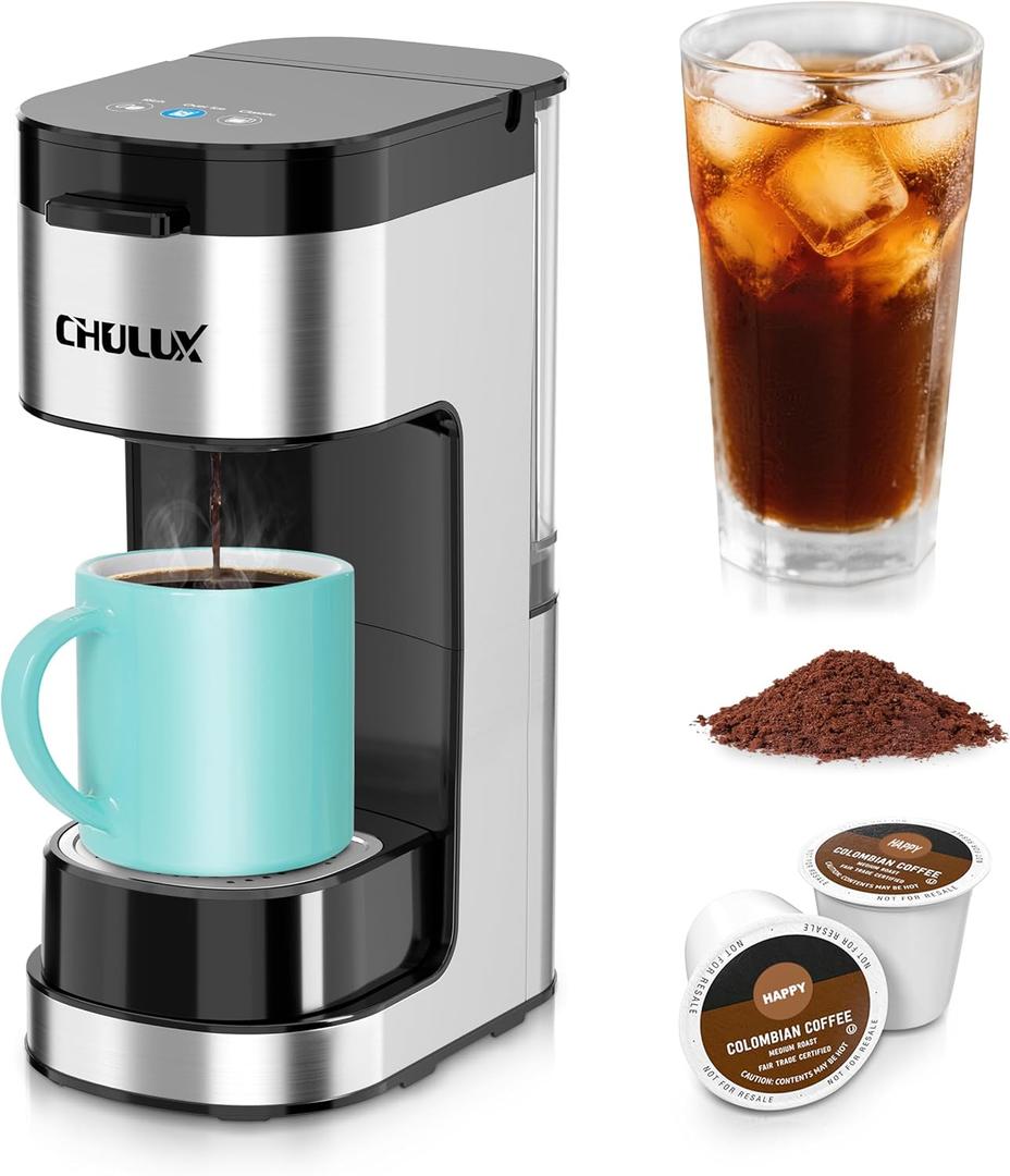 CHULUX Slim-Pro Single Serve Coffee Maker Machine for K Cup and Grounds with 2 Mins Brew One Cup, 3 Brew Styles, Removable Reservoir & Drip Tray