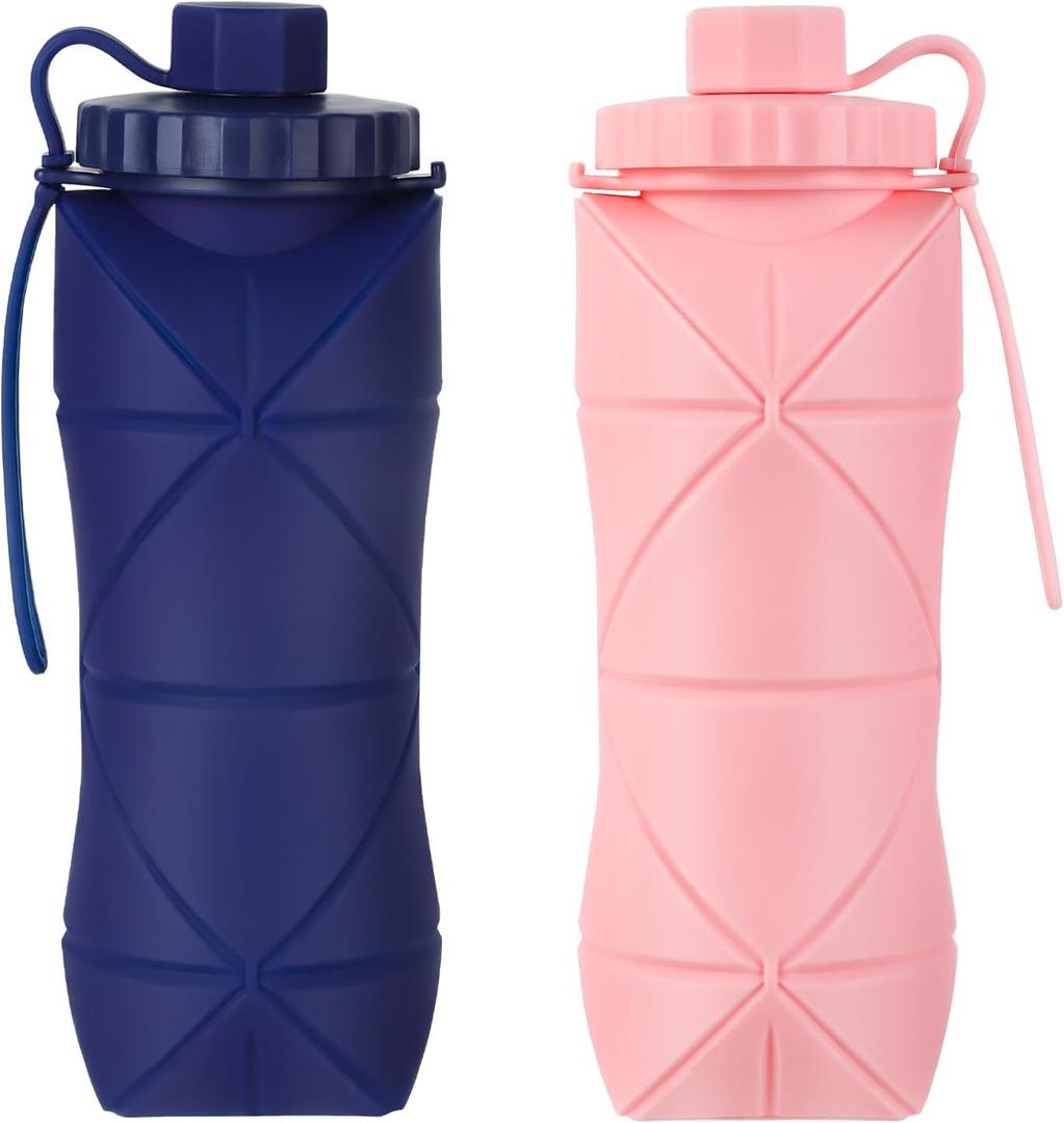 YCTMALL Silicone Collapsible Water Bottles, Lightweight Reusable Leakproof For Traveling Camping Hiking Cycling Sports Outdoor, Foldable Portable Travel Water Bottle 600ML Dark Blue And Pink 2Pack