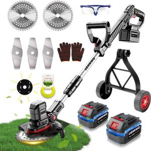 10400mAh Electric Weed Wacker with Wheel, Weed Eater Cordless, Battery Power Display, 4-in-1 Brush Cutter, String Trimmer, Lawn Edger & Mower, Lightweight Weed Wacker with 6 Blade 2 Battery