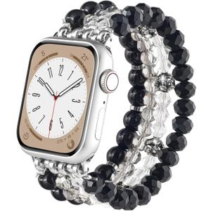 CAGOS Bracelet Beaded Compatible with Apple Watch Band Series 11/10/9/8/7/6/5/4/3/2/1 SE 38mm 40mm 41mm 42mm 44mm 45mm 46mm, Cute Handmade Fashion Elastic Stretchy iWatch Bands for Women (Black Onyx, 42mm/44mm/45mm/46mm(Series 10)-(5.3"-6.2"))