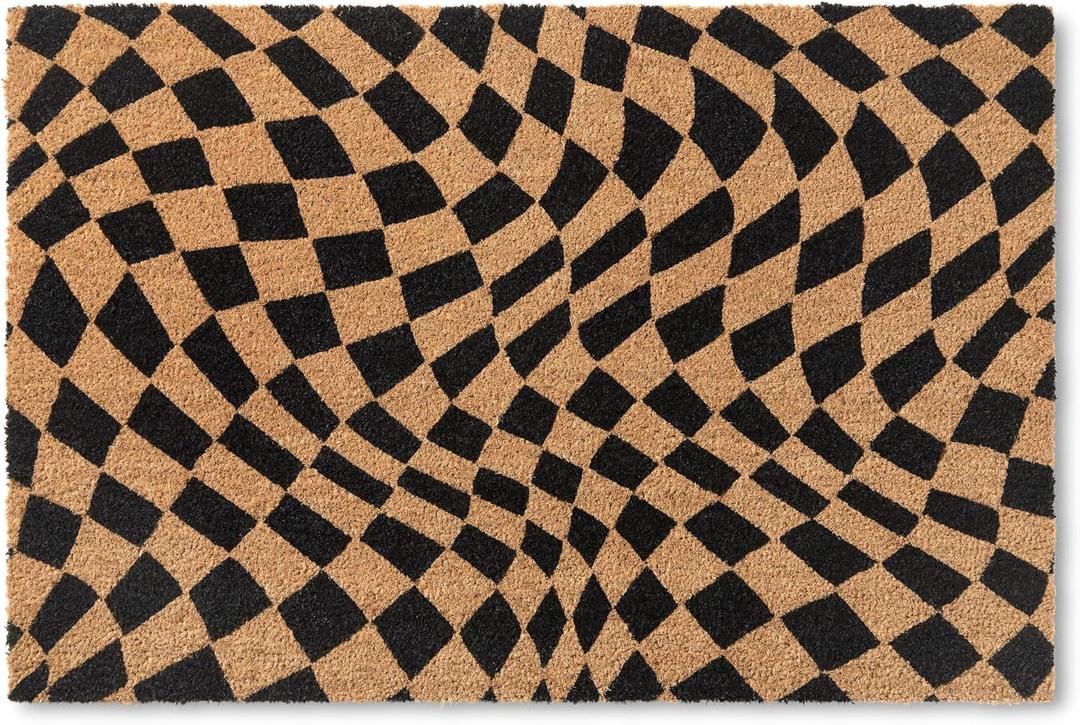 TOWN & COUNTRY TERRA Emmett Groovy Checkerboard Outdoor Door Mat, Natural Coir, Heavyweight, Non-Slip Entryway Mat, Black, 18"x30" (1'6" x 2'6" (Rectangular))