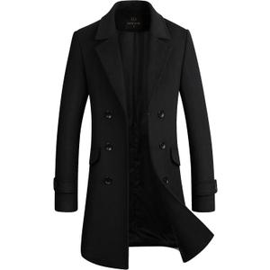 Men's Premium Wool Blend Double Breasted Long Pea Coat (Black1) XL