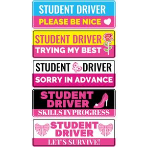 5pcs Student Driver Magnet, Cute Pink Student New Driver Magnetic Car Magnet Please Be Nice Trying My Best Decal Reflective Bumper Sticker Rookie Safety Novice Beginner Warning Sign for Car Learner