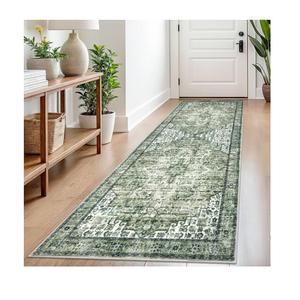 2.6x8 Washable Rug for Entryway, Green Soft Printed Area Rug, Non-Slip Kitchen Rugs, Low-Pile Medallion Indoor Door Mat, Small Farmhouse Carpet for Entrance Kitchen Foyer Bedside