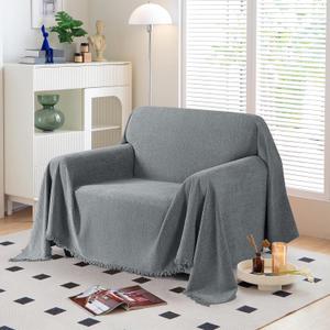 KinCam Couch Covers Washable Oversized Chair Cover Armchair Cover for Dogs Tassel Recliner Chair Sofa Cover Blanket Pet Friendly Soft and Durable for Most Furniture (71" x 71", Grey)