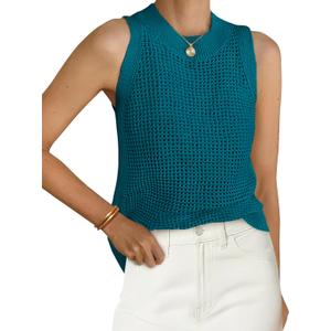PRETTYGARDEN Summer Crochet Tank Tops for Women 2026 Casual Crewneck Hollow Out Loose Knit Sleeveless Sweater Vest Top Trendy (Blue, M)