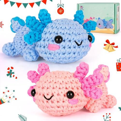 Crochet Kit for Beginner, Crochet Starter Kit w Step-by-Step Video Tutorials, Crochet Kit for Beginners, Beginner Crochet Kit for Adults Kids Women Men Complete Kit Included (Axolotl 2Pack)