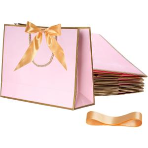 baotongle 6pcs Thank You Gift Bags with Handle Welcome Bags Return Gifts with Bow Ribbon for Wedding Bridesmaid Baby Shower Housewarming Birthday Summer Christmas Vacation(Pink with Gold Edge, 28x20x10cm/11x7.8x4inches)
