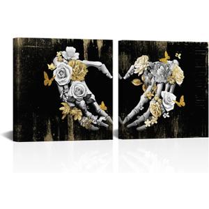 Visual Art Decor Skull Decor Heart Love Painting Gothic Wall Decor Black Gray and Gold Pictures Framed Artwork for Walls (12"x12"x2 Pieces) (Small)