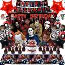 Horror Birthday Decorations for Boys Girls Adults, Halloween Theme Party Supplies Kit with Happy Birthday Banner Balloons Cake Topper Backdrop Tablecloth Hanging Swirls