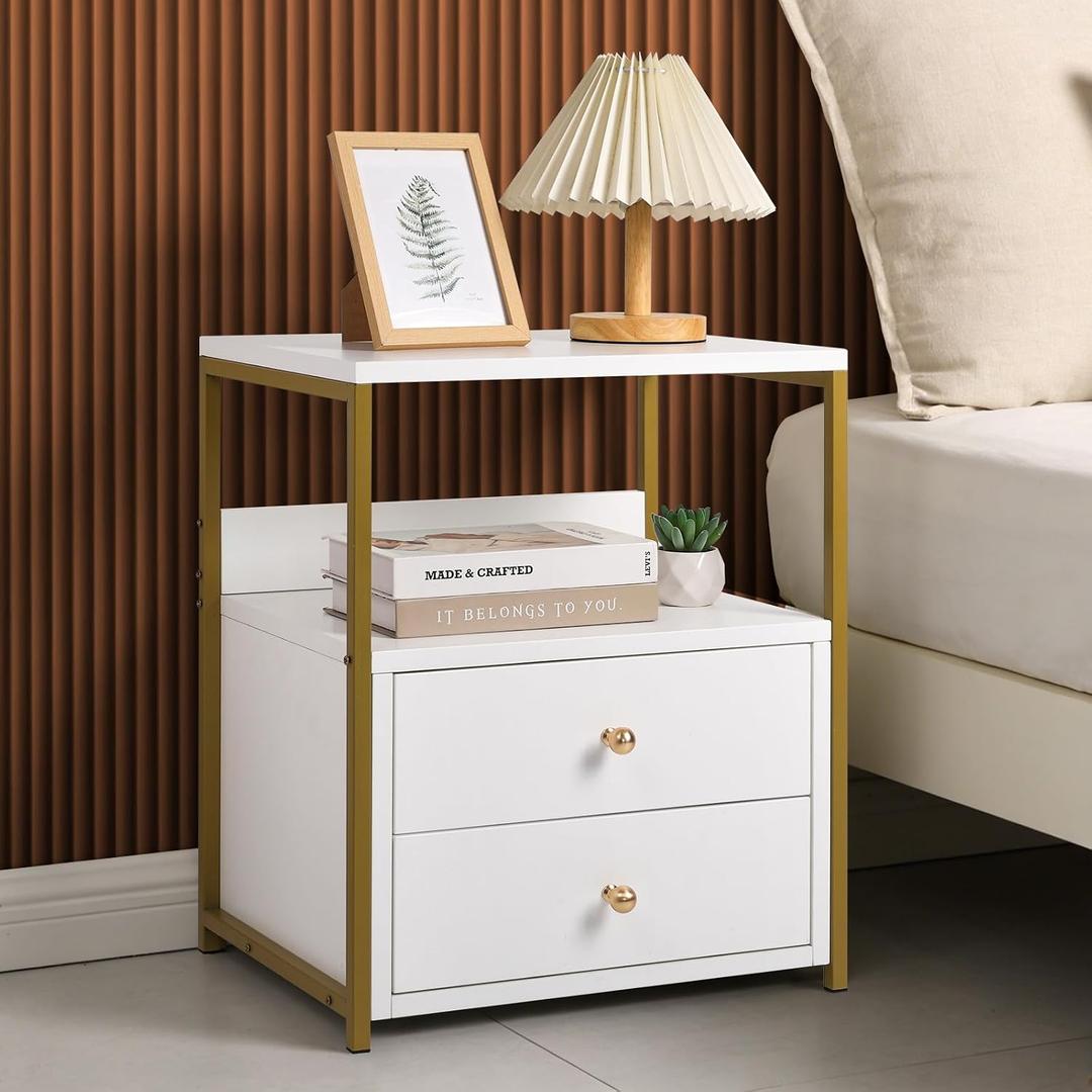 BWGHBH Wood Nightstand with Drawers Shelf, White Bedside Table Storage for Bedroom Living Room, 17.7 x 13.78 x 21.65 inches