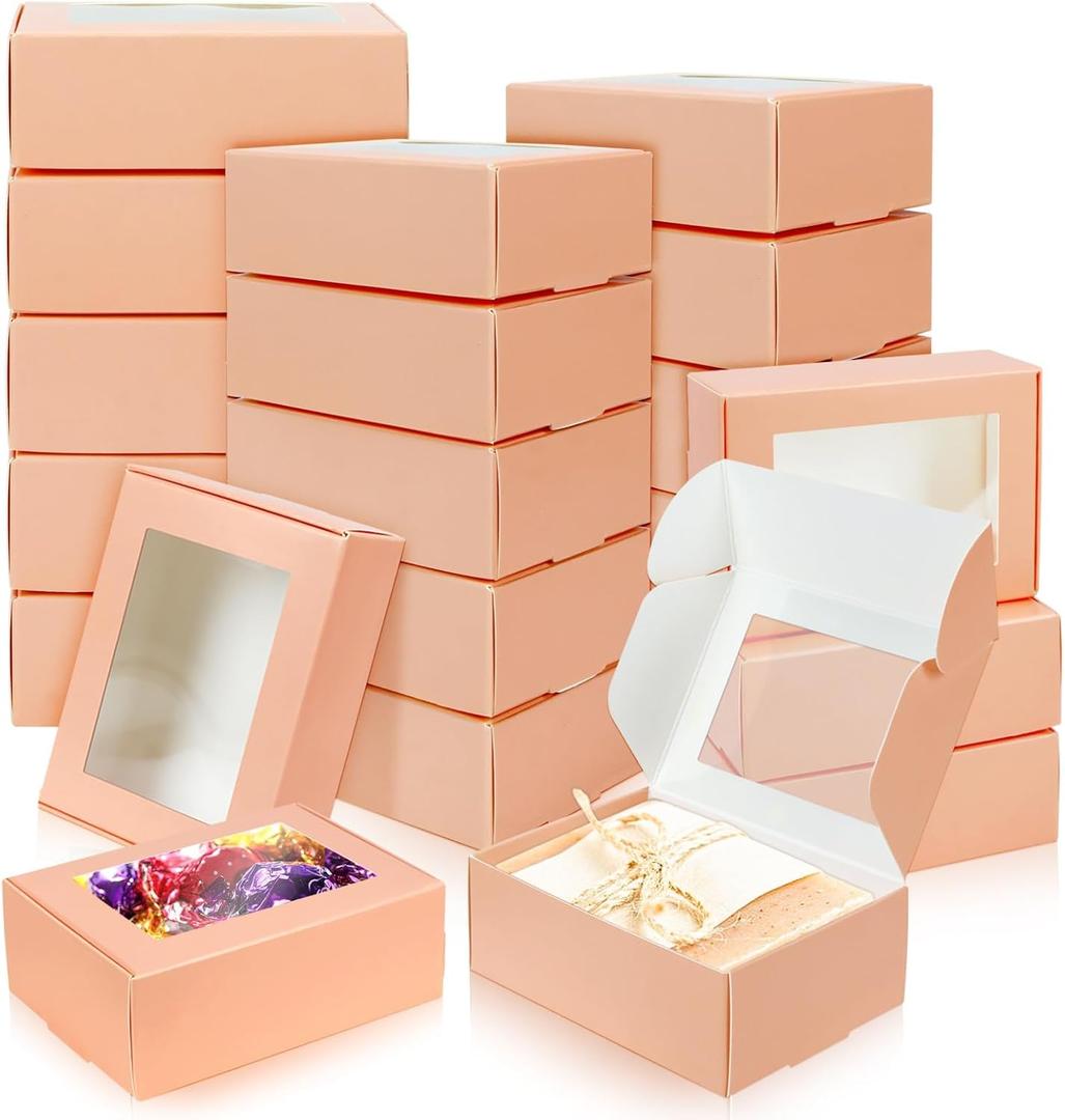 BadenBach 50 Pack Mini Rectangle Kraft Paper Boxes with Clear Windows,3.33" x 2.35" x 1.18",Tiny Small Homemade Soap Packaging Box Small Gift Boxes Bulk for Treat Candy Cookies Party Favors (Pink)
