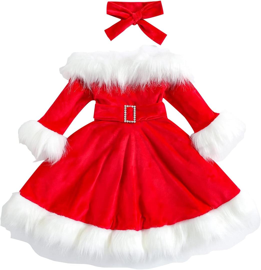 Toddler Baby Girl Christmas Dress Santa Claus Dress Red Velvet Long Sleeve Princess Tulle Dress Headband Outfit (1-2T)
