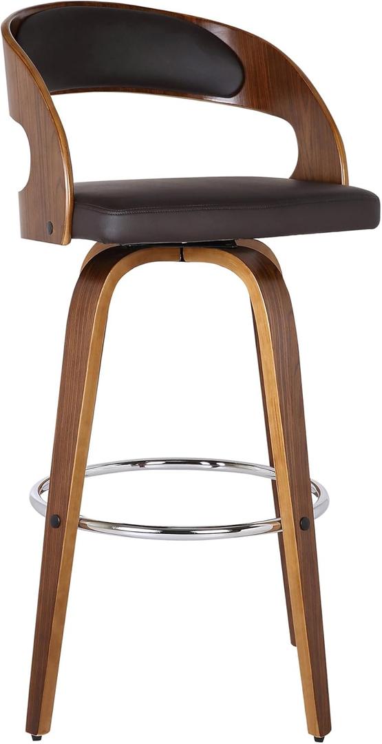 Armen Living Shelly 30" Seat Height Mid Century Modern Swivel Bar Stool for Kitchen Island Counter in Brown Faux Leather and Walnut Wood